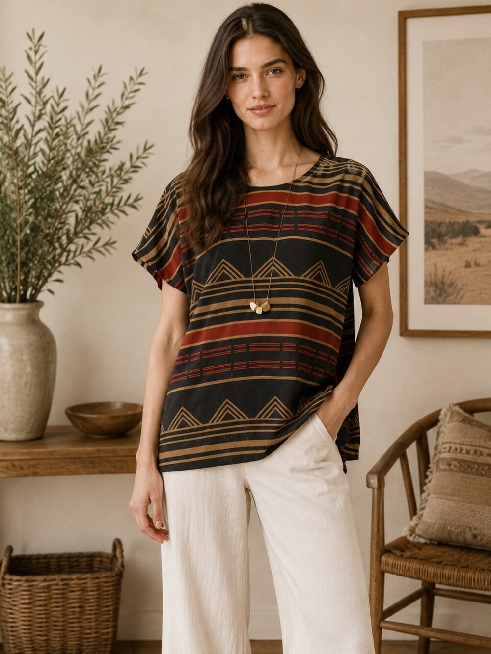 Pendleton Blouse Silk Black & Rust Striped Geometric Aztec Size Medium